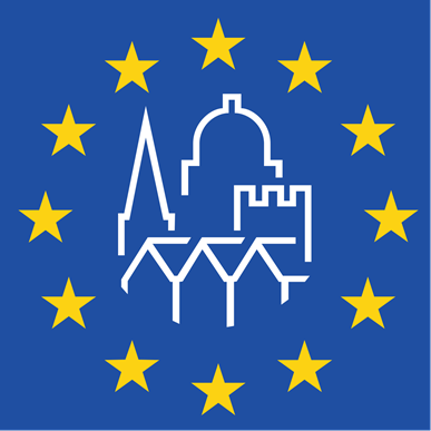Das Logo der Europäischen Tage des Denkmals zeigt auf blauem Grund symbolische Silhouetten von Baudenkmälern, umgeben von einem Kreis aus gelben Sternen. 
